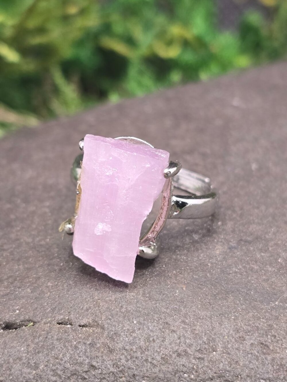 Raw Kunzite Adjustable Ring Pink Crystal Silver Tone Statement Jewelry